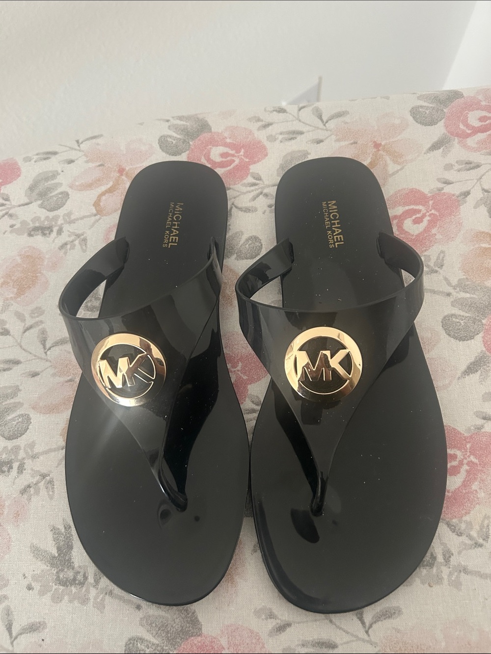 Michael Kors Black Jelly Thong Sandals with Gold MK Logo